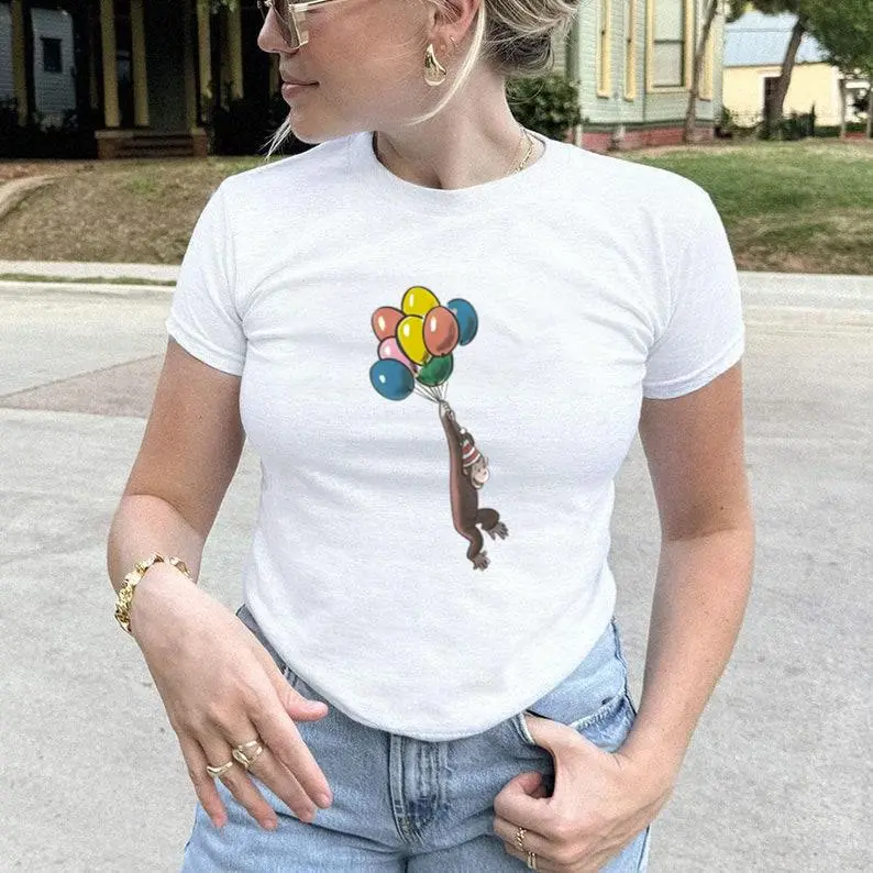 Curious George Baby Tee, vintage cartoons, balloons, Pinterest, 90s style baby tee, comics, soft girl, ahs style, nostalgia, streetwear