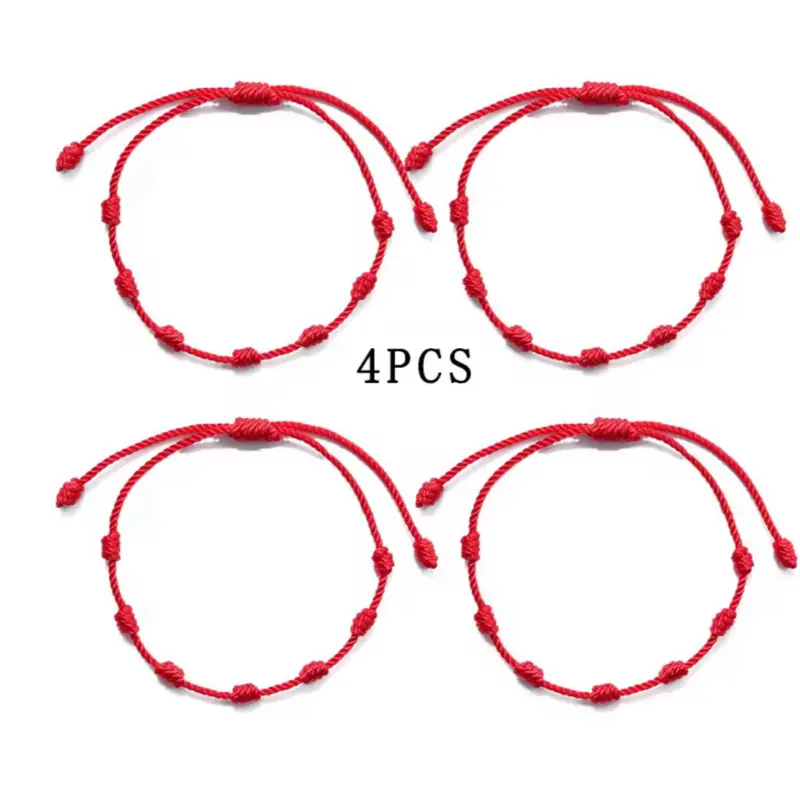 4 Uds. Red String Bracelet with 7 Knots for Couple Protection Lucky Charm Handmade Tied Cord Jewelry Gift