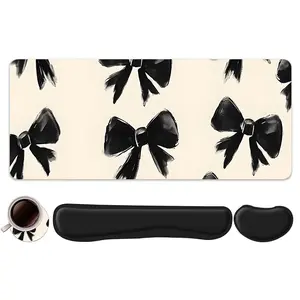 4pcs Black Bow Pattern Design + Keyboard Wrist Rest + Ergonomic Mouse Pad + Coaster Set, Desktop Accessory, For Desktop Decoration, Office Accessories Set Ergonomic Wrist Support, Suitable For Home Office Gaming, Universal Mouse Pad, Made For Gaming