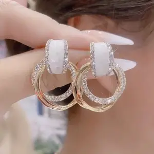S925 Silver Needle Diamond Inlaid Geometric Circle Earrings Elegant Korean Simple Stylish Drop Earrings for Women DZEH4894