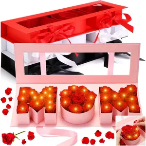 4 Pack Mom Flower  Box with LED Light Mother's Day Fillable Floral Box Empty Mom Letter Shaped Flower Boxes for Arrangements  Rose Present Strawberry Packaging Box for Birthday