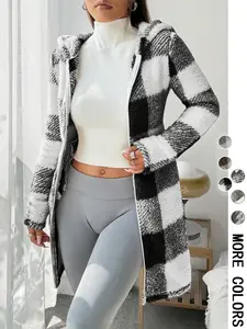 Women's Plaid Fleece Hooded Coat, Casual, Fitted, Soft Fluffy Fleece Fabric & Full Zip Closure & Hooded Design & Mid-Length Silhouette & Multiple Color Options，Valentine，1pc, Jackets, Outerwear, Womenswear