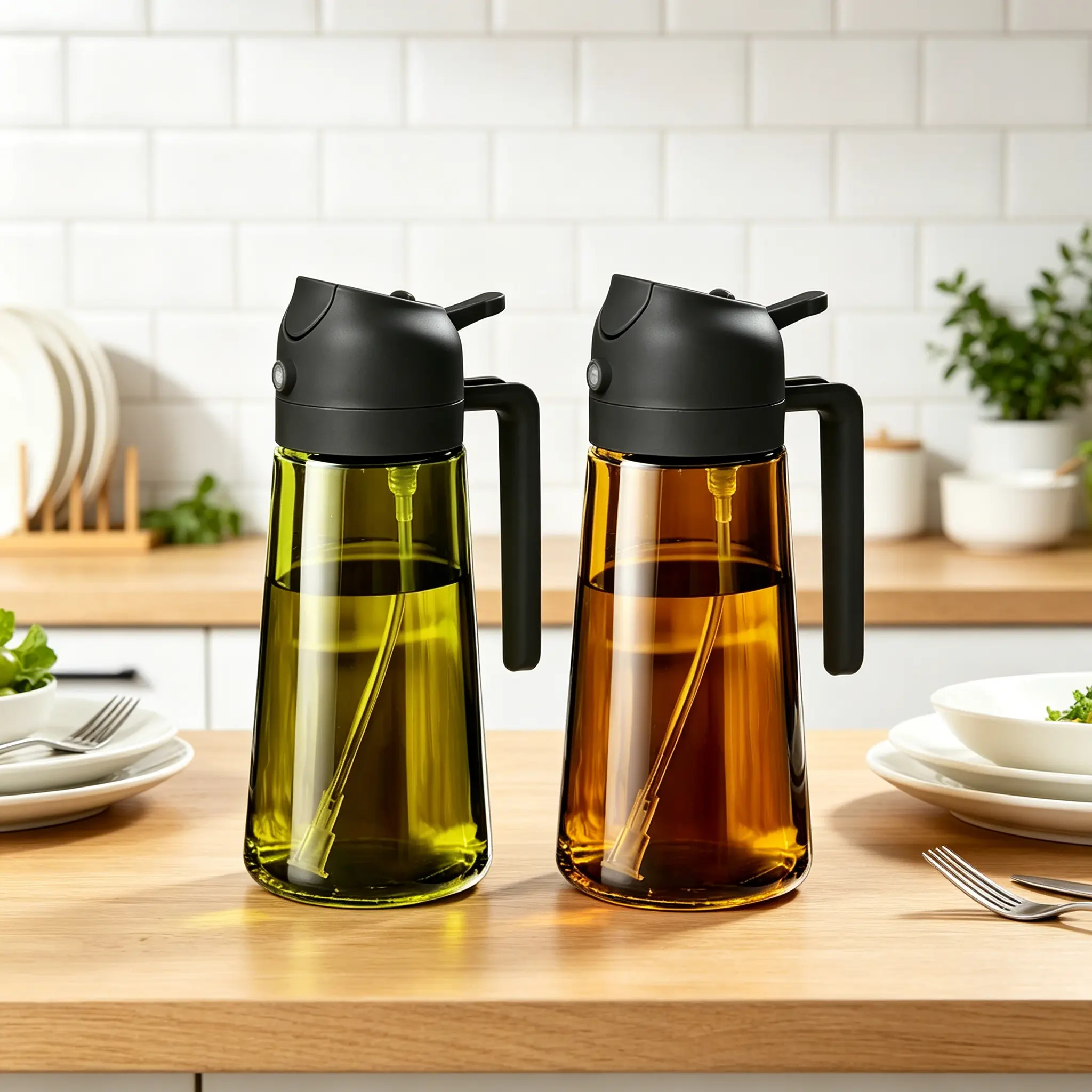 2-Count 2-in-1 Light-Blocking Dark Green Glass Oil Sprayer Dispenser, 16oz/470ml Food-Grade Kitchen Utensils for Air Fryer, BBQ