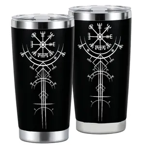 20oz Viking Norse Runes Pattern Stainless Steel Thermos Cup with Lid, Reusable Insulated Drinking Cup Coffee Thermal Cup for Iced Coffee, Beer, Juice, Milk & Cold Drinks, Fashionable Nordic Culture Travel Tumbler, Perfect Gift for Norse Enthusiast Friends