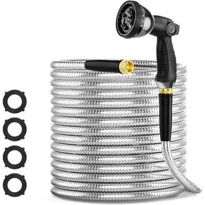 Garden Hose 100FT with Adjustable Nozzle, 304 Stainless Steel Heavy Duty Water Hose with Nozzle, Tough Flexible Lightweight, Crush Resistant, Kink & Tangle Free, Rust Proof for Yard Outdoor