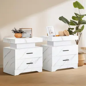 PHI VILLA LED Charging Station with 20 Color RGB Lights, Imitation Marble Texture, Remote Control, 2 Drawer Nightstands for Home Organization Luxury Bedroom Furniture Storage Cabinets