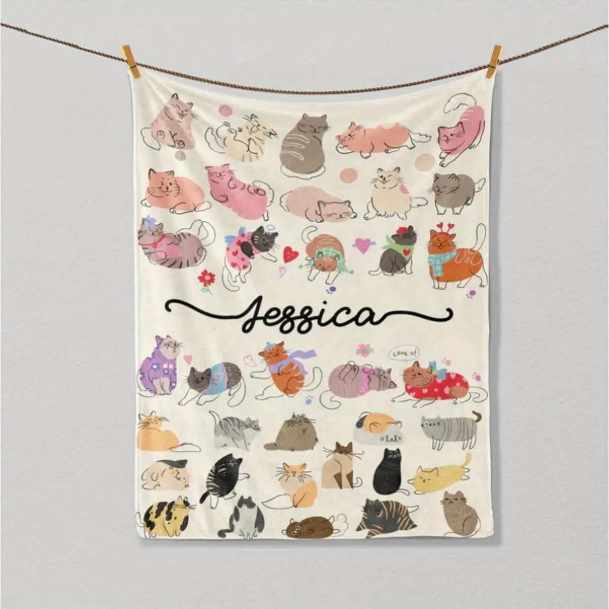 Customized Cat-Themed Flannel Fleece Throw Blanket - Personalized Name, Digital Print, Soft Sherpa for Cat Lovers