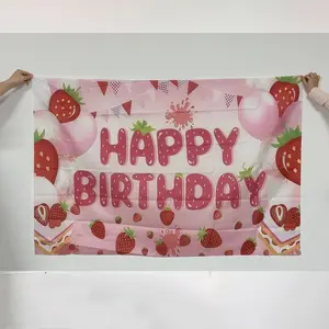 1pc Strawberry Birthday Backdrop Banner, Cute Strawberry Design for Party Decor, Baby Shower, Indoor Outdoor Photography