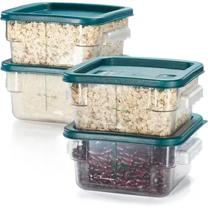 4 Pack  Storage Container with Green Lid - NSF Listed Commercial Grade in 2.0 Qt - Square, Clear, Polycarbonate