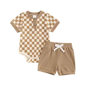Meihuida Newborn Baby Boys Summer Bodysuit Outfit Checkerboard Short Sleeve Romper Set Elastic Waist Drawstring Shorts 2Pcs Clothes Set
