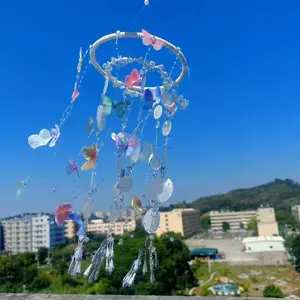 Handmade Butterfly Crystal Wind Chime, Macaron Color Shell Bell Decor, Healing Chinese Style Hanging Ornament for Balcony Indoor Outdoor Decoration