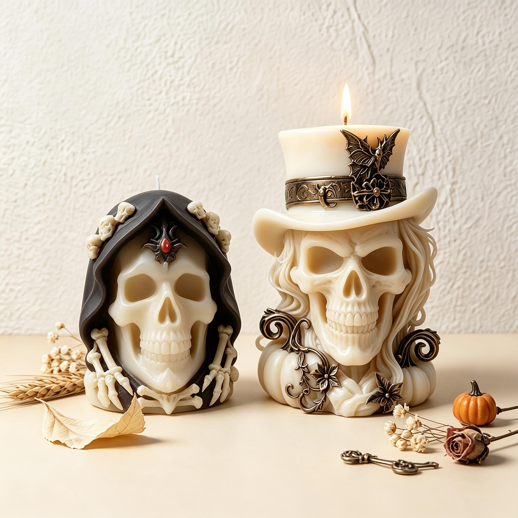 2Pcs Halloween Gothic Skull Silicone Mold Set - Top Hat Bat Pumpkin & Hooded Skeleton for DIY Candle Making Supply, Epoxy Resin Casting, Soap Plaster Craft
