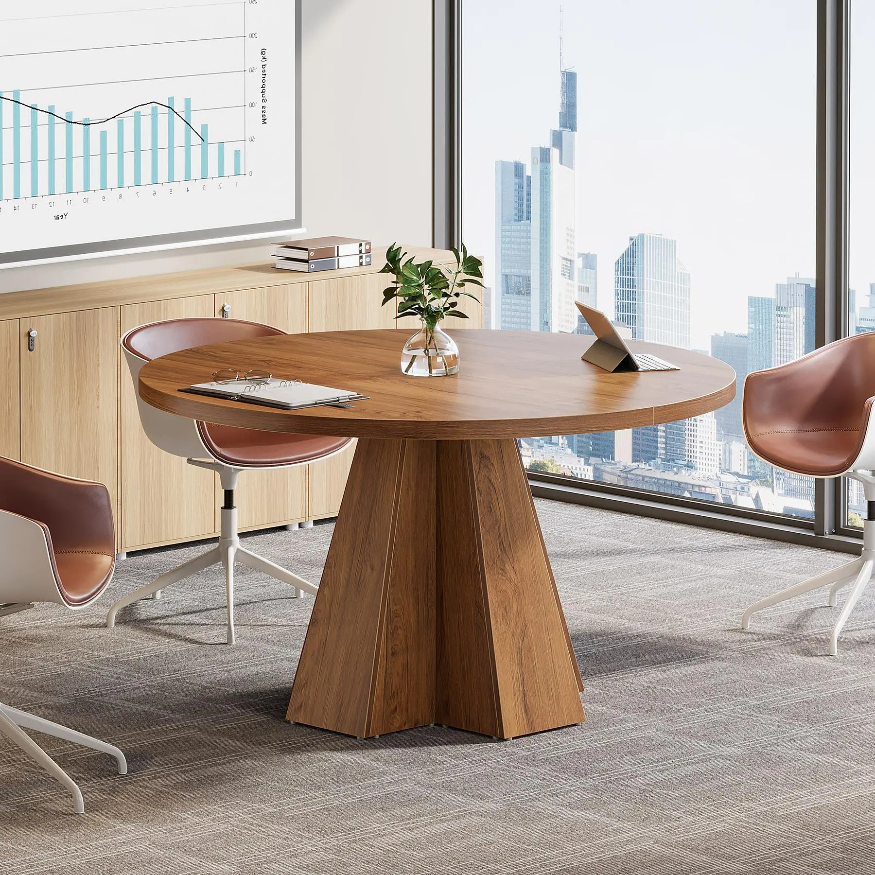 TRIBEWOOD Round Commercial Office Conference Table - 46.5in W x 46.5in D x 29.5in Small Size, Thick Tabletop, Tapered Base, Sturdy Stylish Construction, Indoor Use for Small Conference Spaces