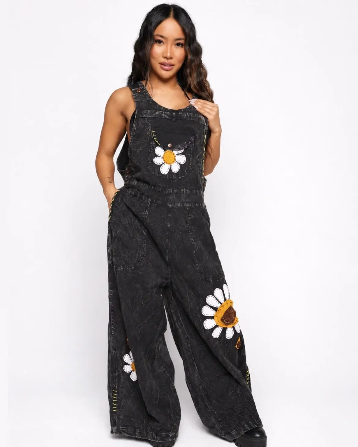 Sunflower State of Mind Overalls - Dark Grey Wash