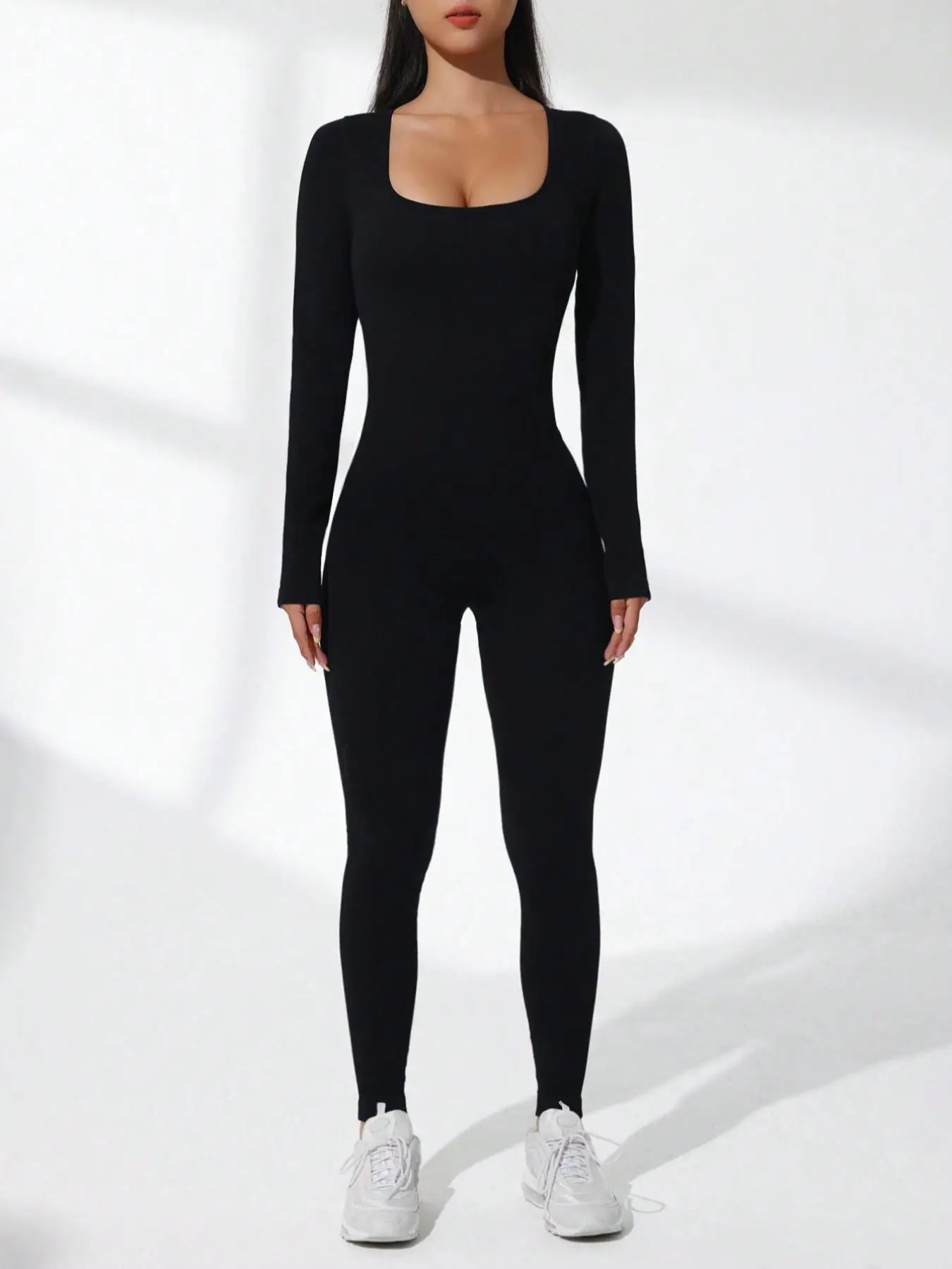 Women's Basic Solid Long Sleeve Sports Jumpsuit, High Waist Square Neck Bodycon Jumpsuit For Yoga Gym Workout, Ladies Sportswear Clothing For All Seas