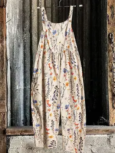 【Plus Size】 Floral Print Overalls, Boho Casual Bohemian Sleeveless Overalls for Daily Wear, Women's Overalls for All Seasons, Casual Comfy Jumpsuit