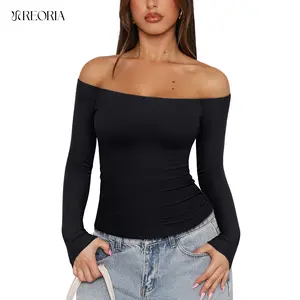 REORIA Womens Long Sleeve Off The Shoulder Tops Going Out Cute Basic Y2K Fall Fashion 2025 Outfits Clothes
