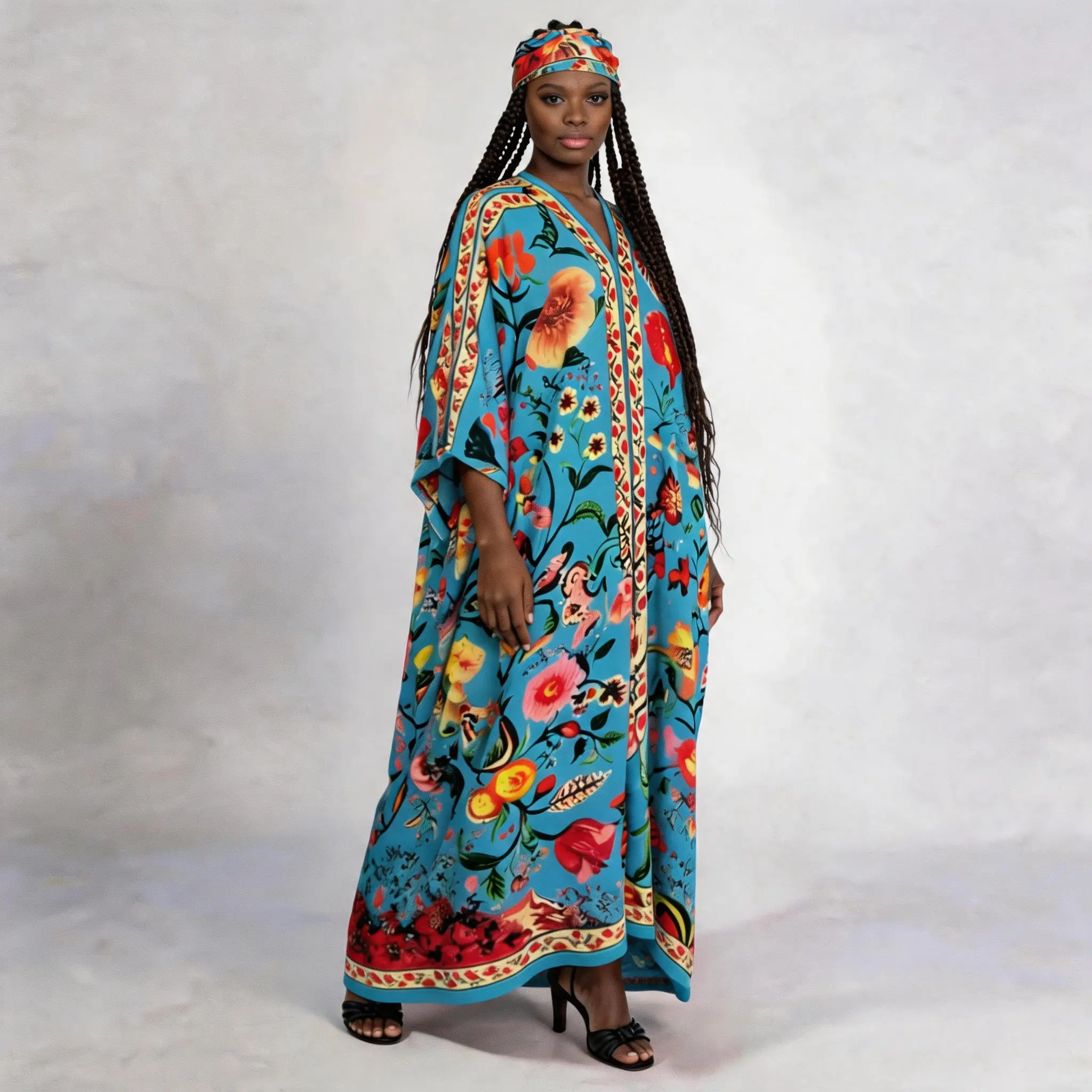 Women's Breathable Boho Printed Floral Satin Loose-Fit Kaftan Maxi Beach Dress Set, 2-Piece with Matching Headwrap, Casual Boho Fashion, Plus Size Friendly, Beach Vacation Outfit, Women's Clothes, Camping Essentials