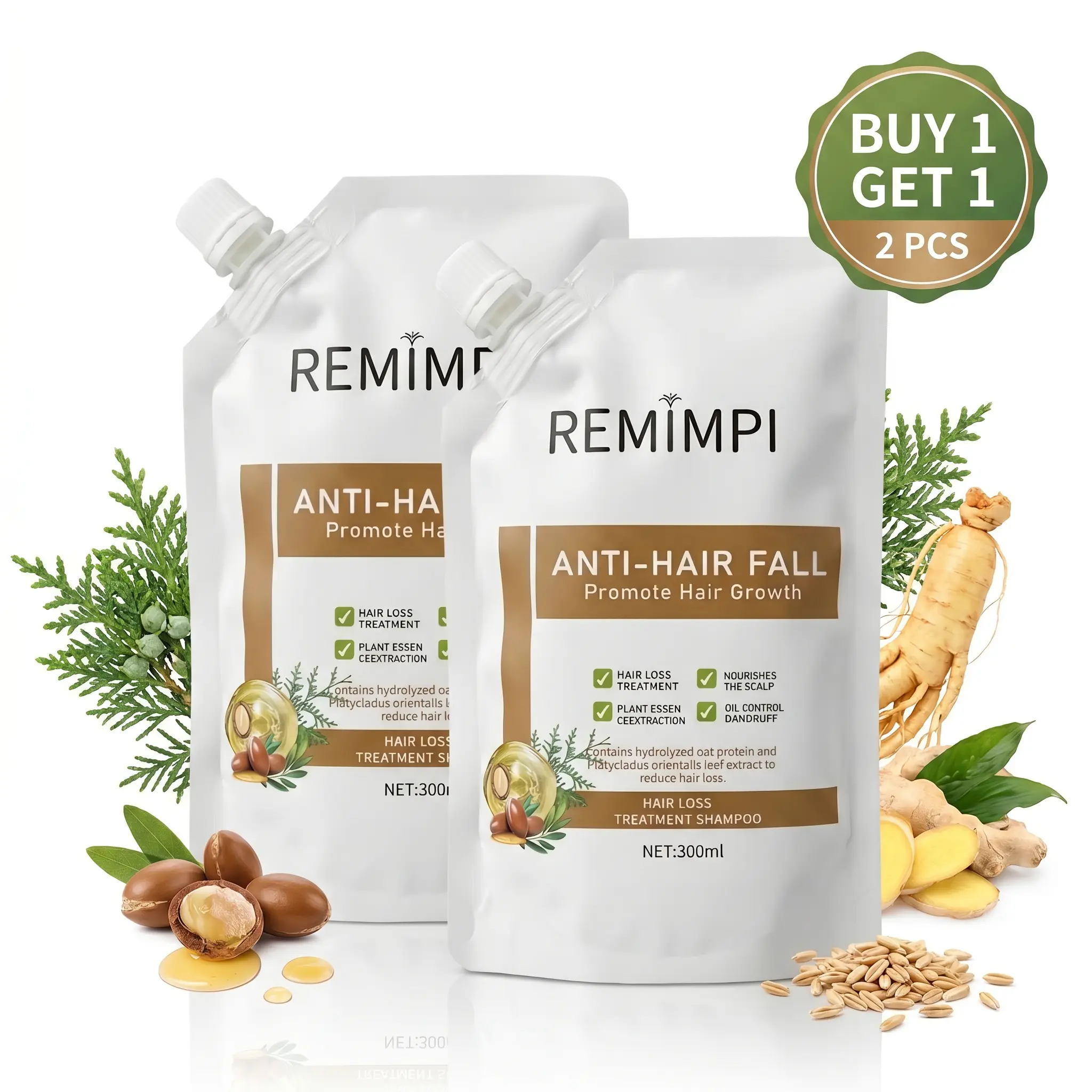 REMIMPI Anti Hair Fall Shampoo & Scalp Tonic, Daily Plant-Based Hair Care for Thinning Hair, Men & Women, Nourishes Roots, Reduces Breakage & Dandruff, 2×300ml B1G1
