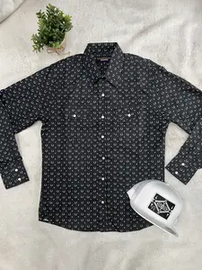 American West Black horseshoe Printed Long Sleeve shirt-174