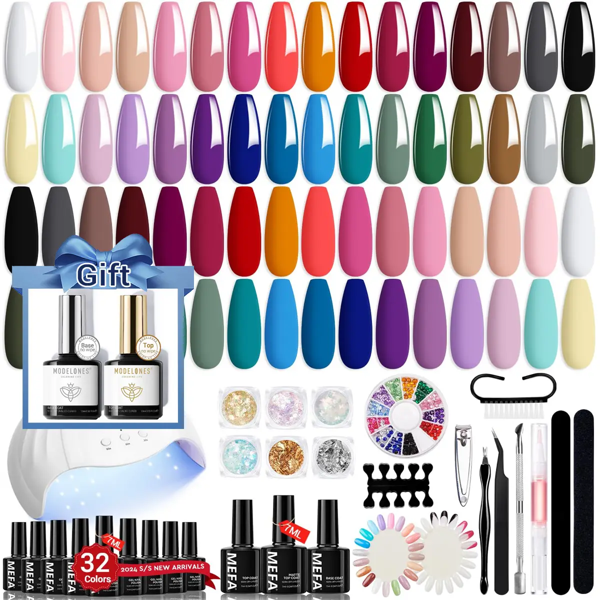 【Crazy Deal】MEFA Gel Nail Polish Kit with U V Light 54 Pcs, 32 Colors Classic Popular Gel Nail Kit Soak Off Nail Polish Gel Set with Base Matte/Glossy