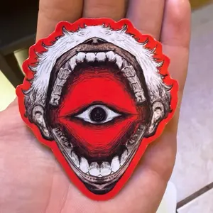 Creepy horror face art, inspire by Hikaru from the manga, cool iridescent Matt sticker, red horror