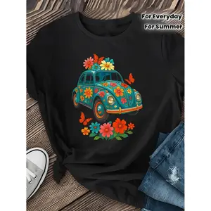 180g[100%cotton]Vintage Women's Turquoise Floral Short Sleeve T-Shirt Comfortable Breathable Casual Blouse Perfect for Daily and Party Wear