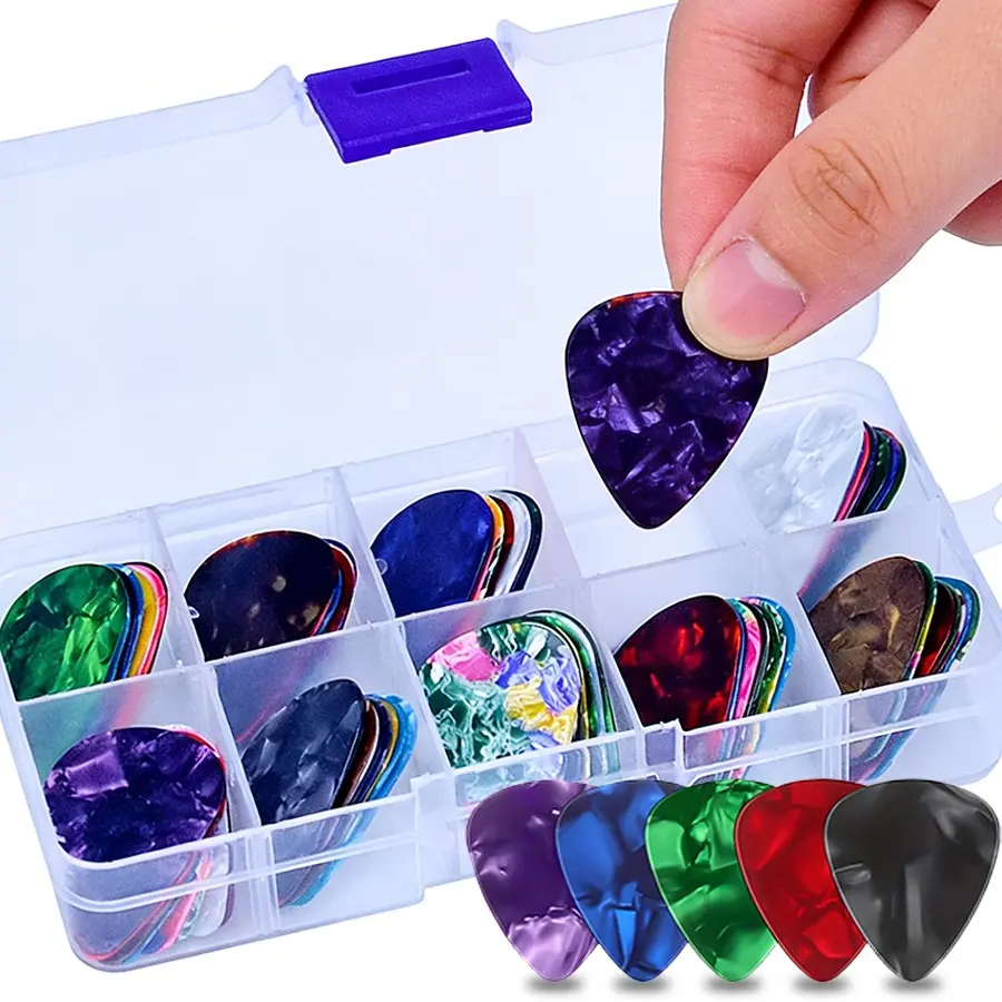 50pcs Colorful Celluloid Guitar Picks with 1pc Storage Box, Plectrums for Acoustic, Electric, Bass Guitars, Instruments, Variety Thickness Assorted Picks, Accessories