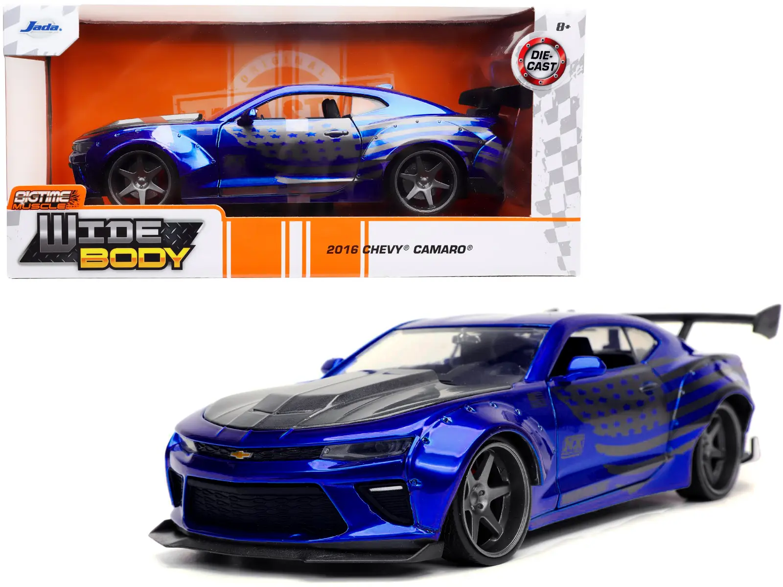 2016 Chevrolet Camaro Widebody Candy Blue W/ Gray Metallic Hood & American Flag Graphics Bigtime Muscle 1/24 Diecast by Jada