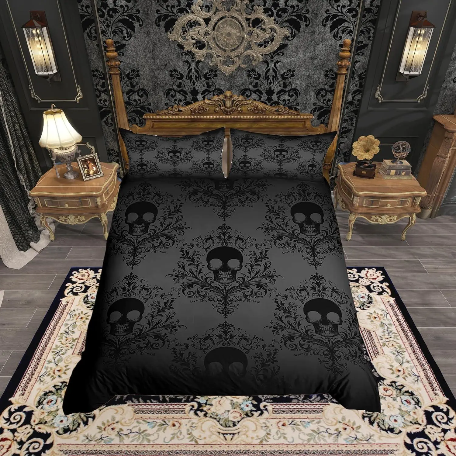Feelyou Soft Black Gothic Skull Polyester Duvet Cover Set - Floral Bedding, Skull Damask Print, Antique Baroque Design, Breathable Microfibre, Zipper Closure, Machine Washable, Multi-Size (Incl. King, Queen), Teen Room Decor (No Comforter), Multi-Size Set