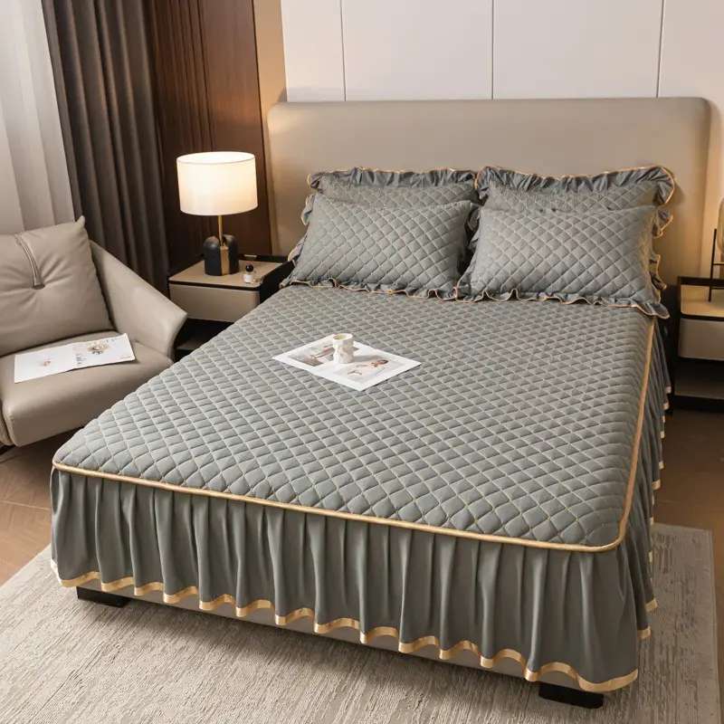 3pcs Cotton Bedskirt Set, Includes 1 Bedskirt & 2 Pillowcases, Thick Quilted Mattress Protector, All Seasons Use, Pleated Bedding Sets