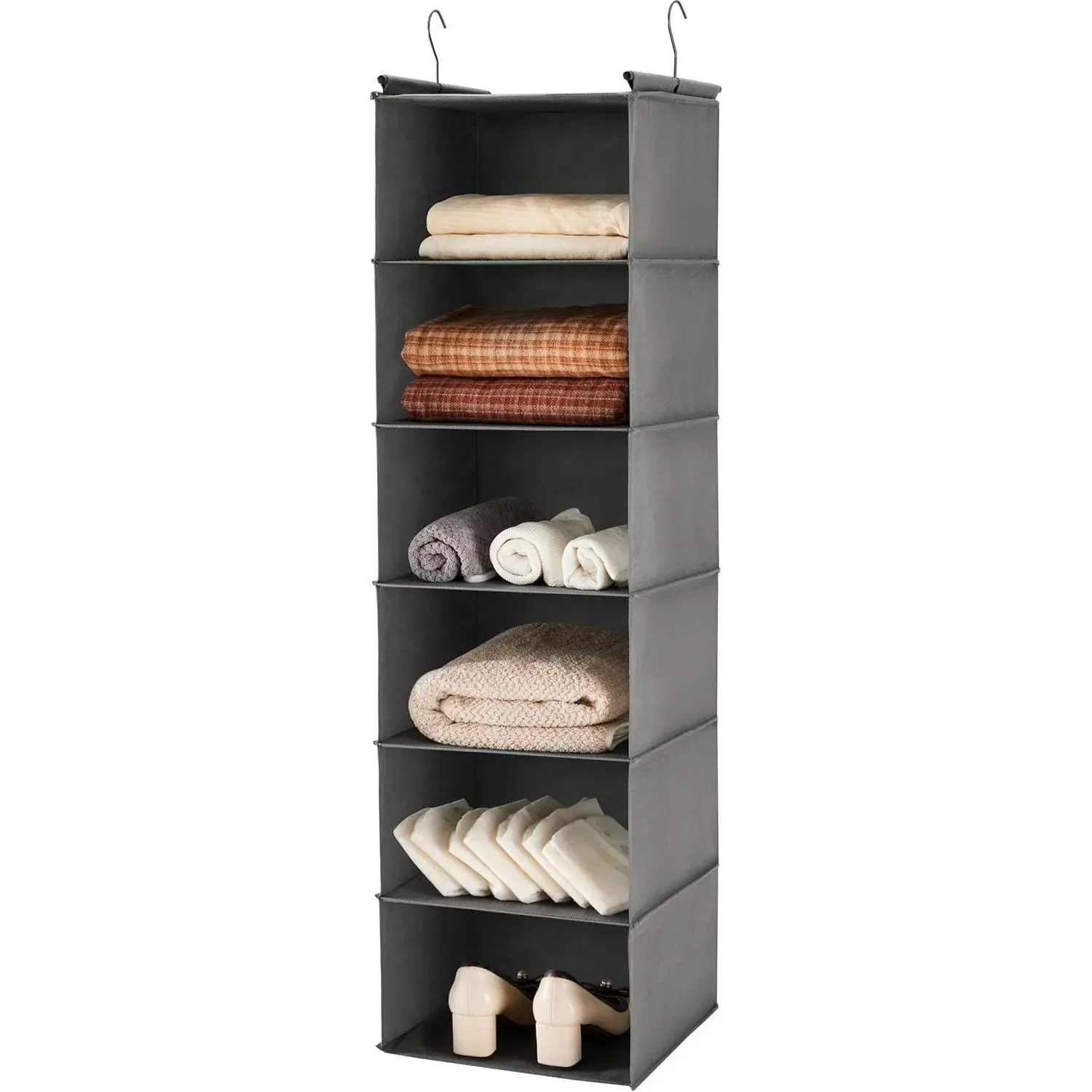 6 Tier Shelf Hanging Closet Organizer, Closet Hanging Shelf with 2 Sturdy Hooks for Storage, Foldable (Grey)