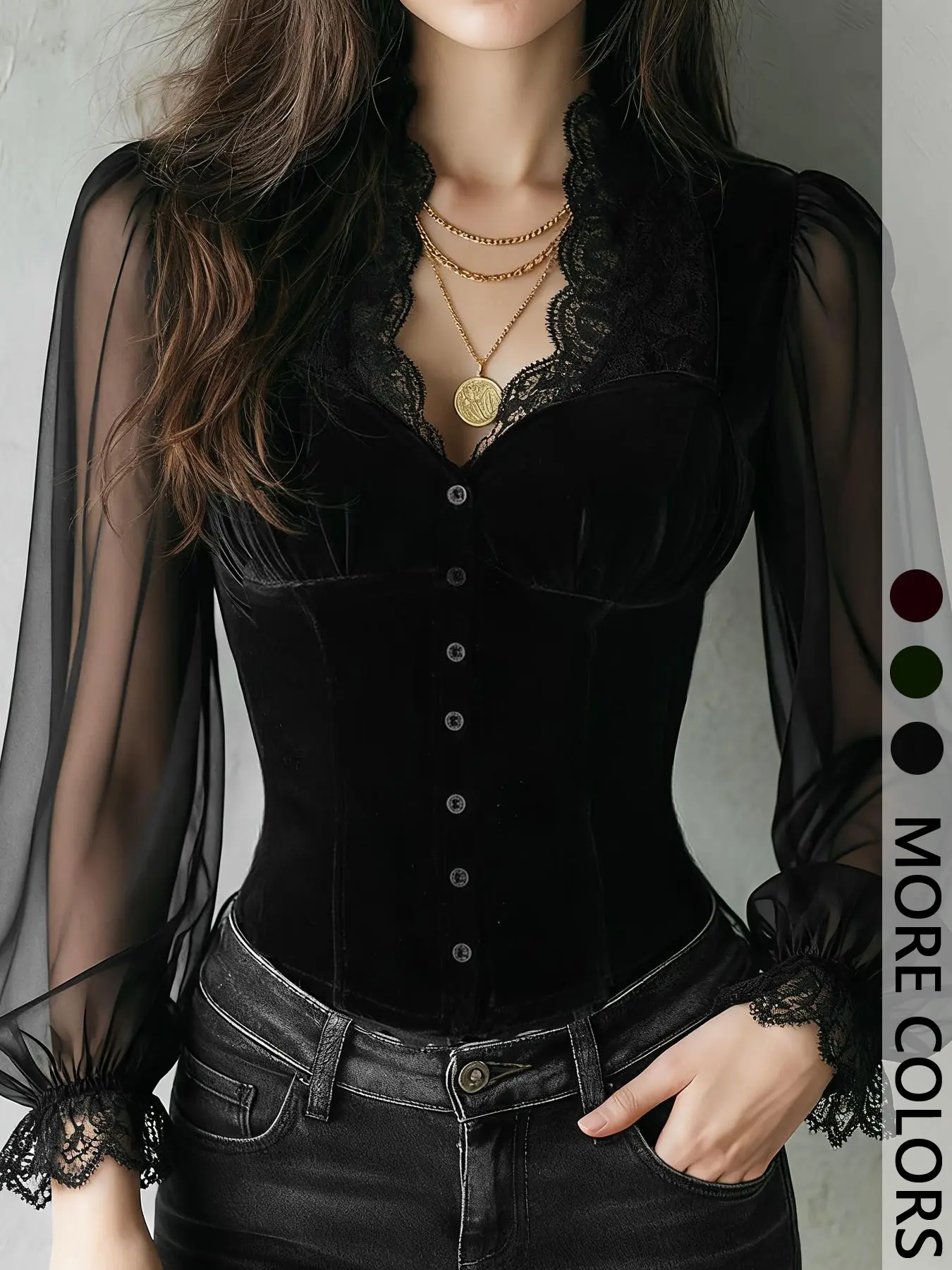 Women's 1pc Lace Trim Corset Blouse Top Shirts Functional Front Button Placket & Sheer Puff Long Sleeves & Slim Corset Silhouette & Contrast Texture Design，gothic Aesthetic Fitted Spring, Womenswear