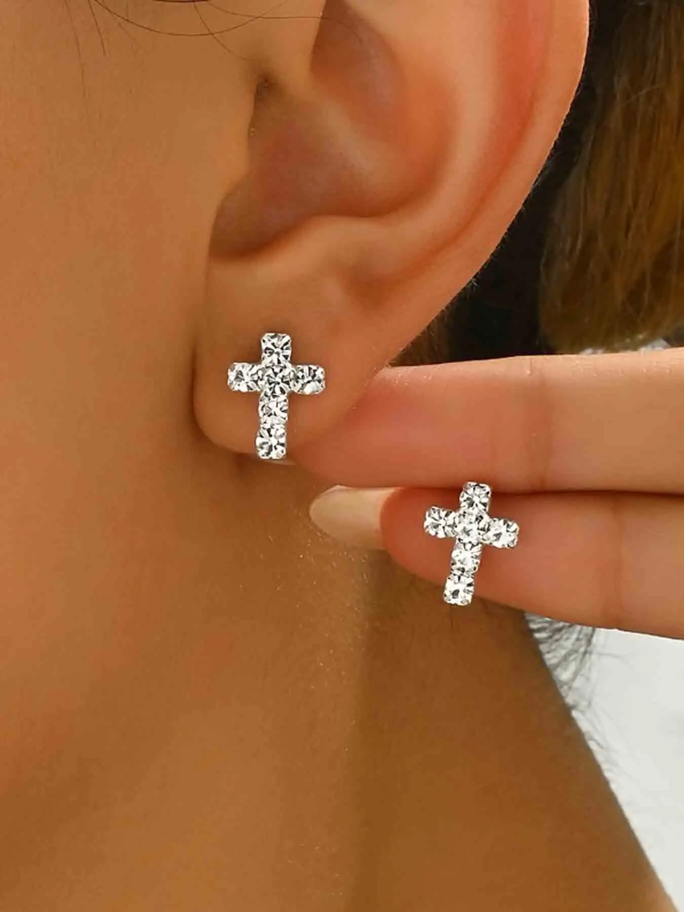 Elegant Rhinestone Cross Stud Earrings for Women, Simple Style Daily Wear Party Accessories, Fashionable Sparkling Jewelry Set, Studded Cross Earrings, Studs Earrings