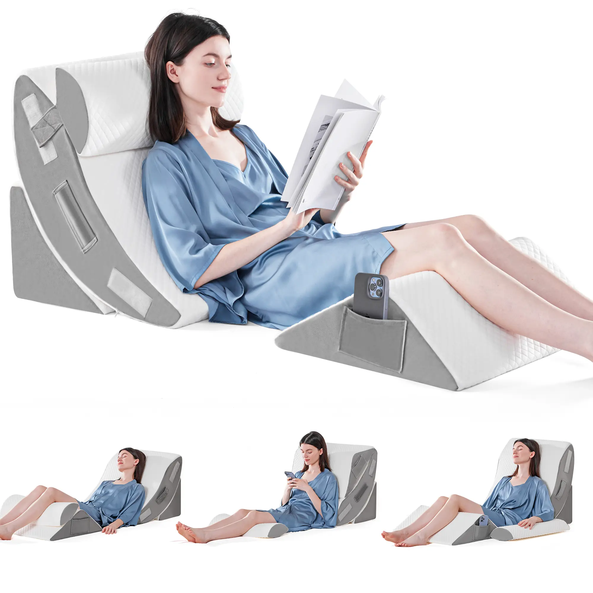 4PCS Contoured Orthopedic Memory Foam Bed Wedge Pillow Set - Adjustable Triangle Pillows, Machine Washable for Adult Post-Surgery Recovery Sleep, Back-Leg-Neck Pain Relief