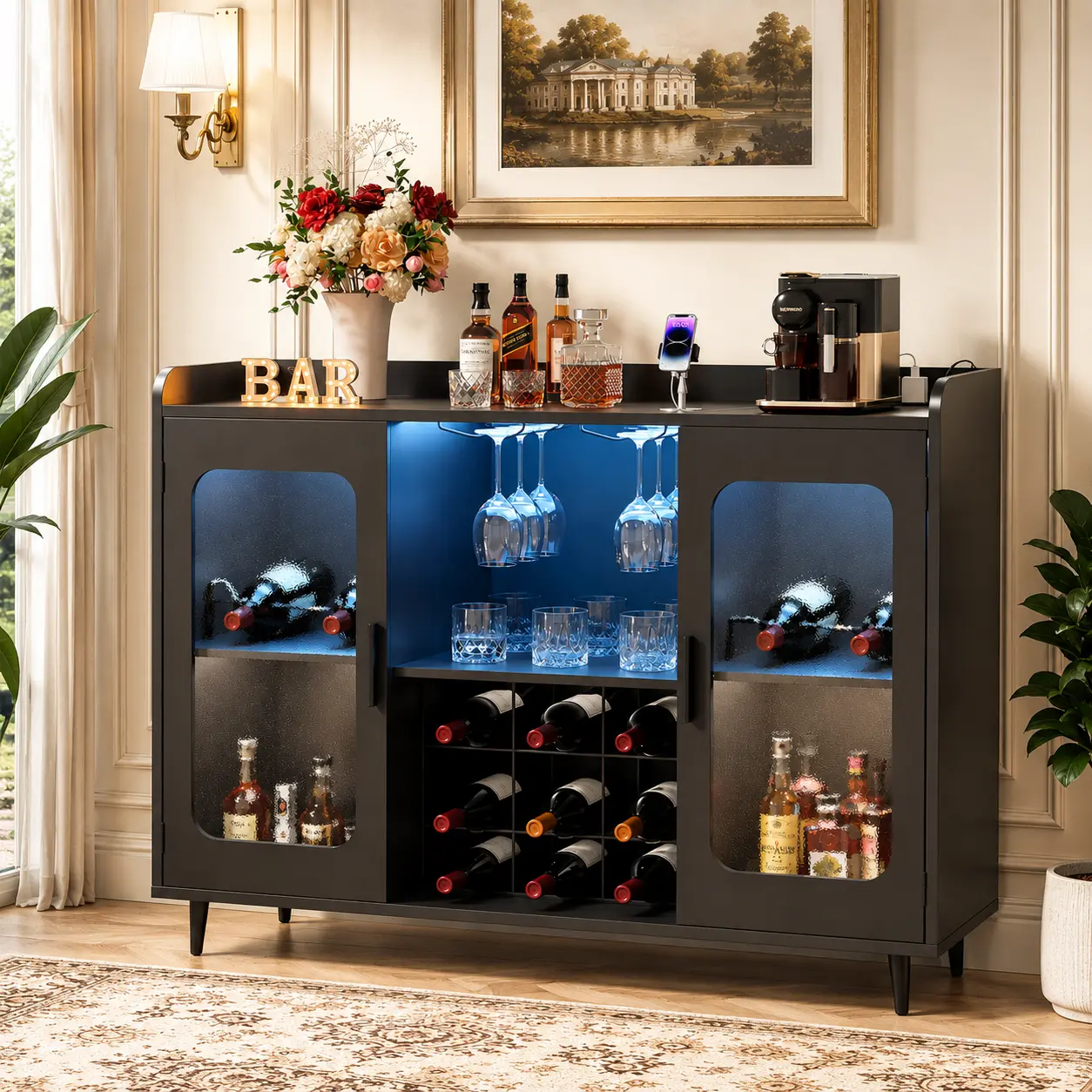 Homieasy Wine Cabinet, Liquor Wine Cabinet Bar with Power Outlet and LED Light, Wine Bar Cabinet with Wine Bottle Rack, Home Coffee Bar Cabinet with Storage Shelf for Kitchen, Dining Room