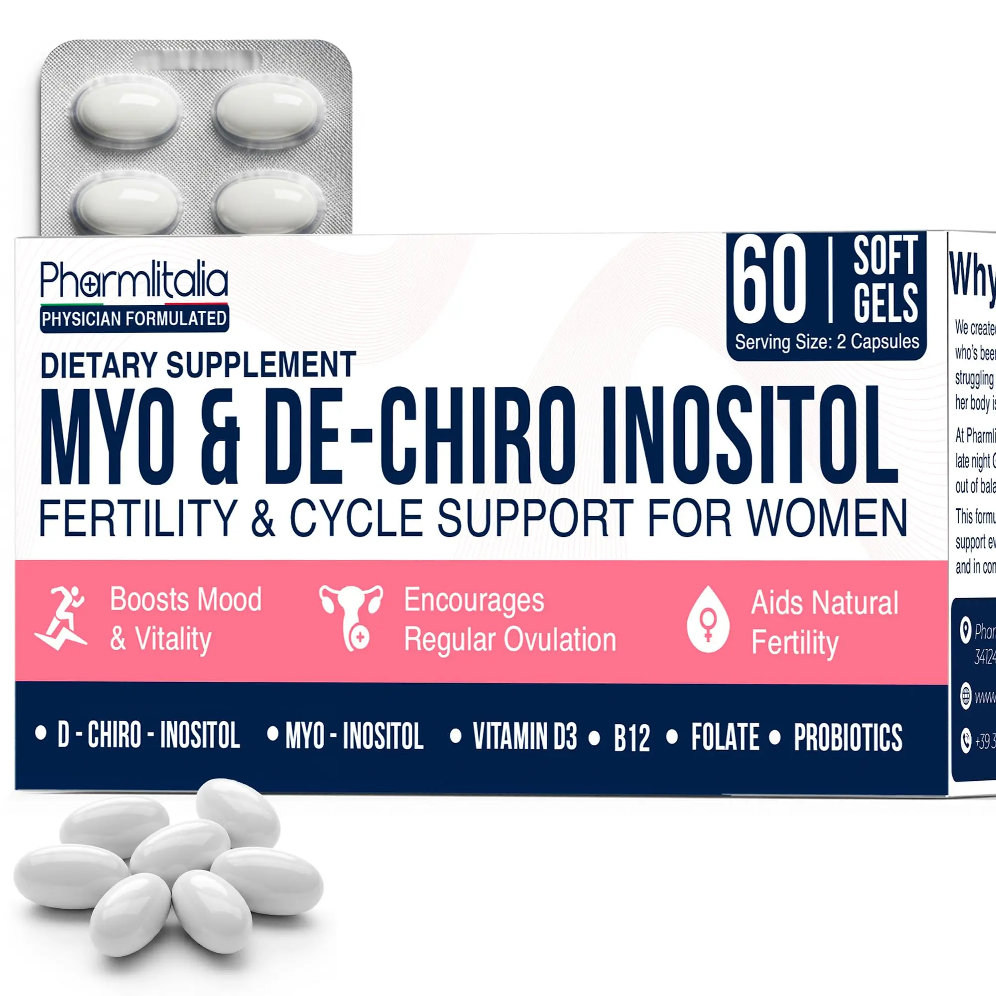 MYO & D-Chiro Inositol Supplement for Women – Cycle & Hormonal Balance Support | With Vitamin D3, B12, Folate & Probiotics | 60 Softgels