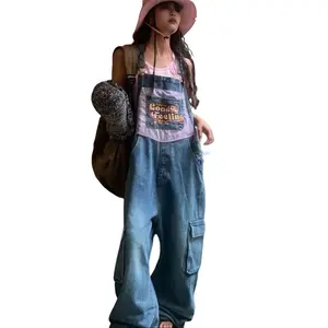 Women's Retro Patchwork Denim Overalls - Wide Leg Baggy Fit Jeans with Cargo Pockets, Adjustable Straps Casual Streetwear Pants for Daily Wear