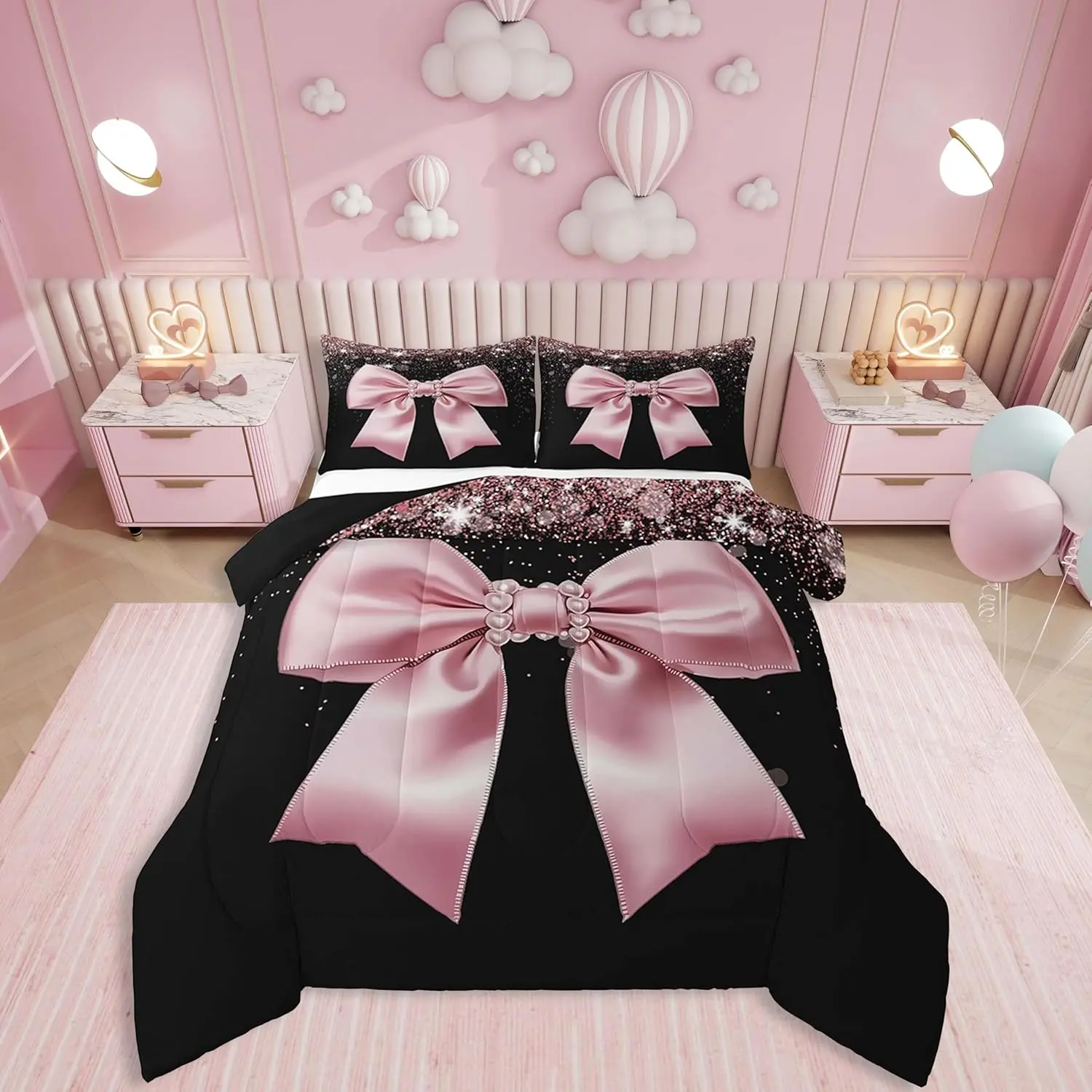 Feelyou Elegant Bowknot Down Comforter - Diamond Print Soft Bedding, Women's Aesthetic Coquette Bedroom Bedding Set, Soft Bedding Sets
