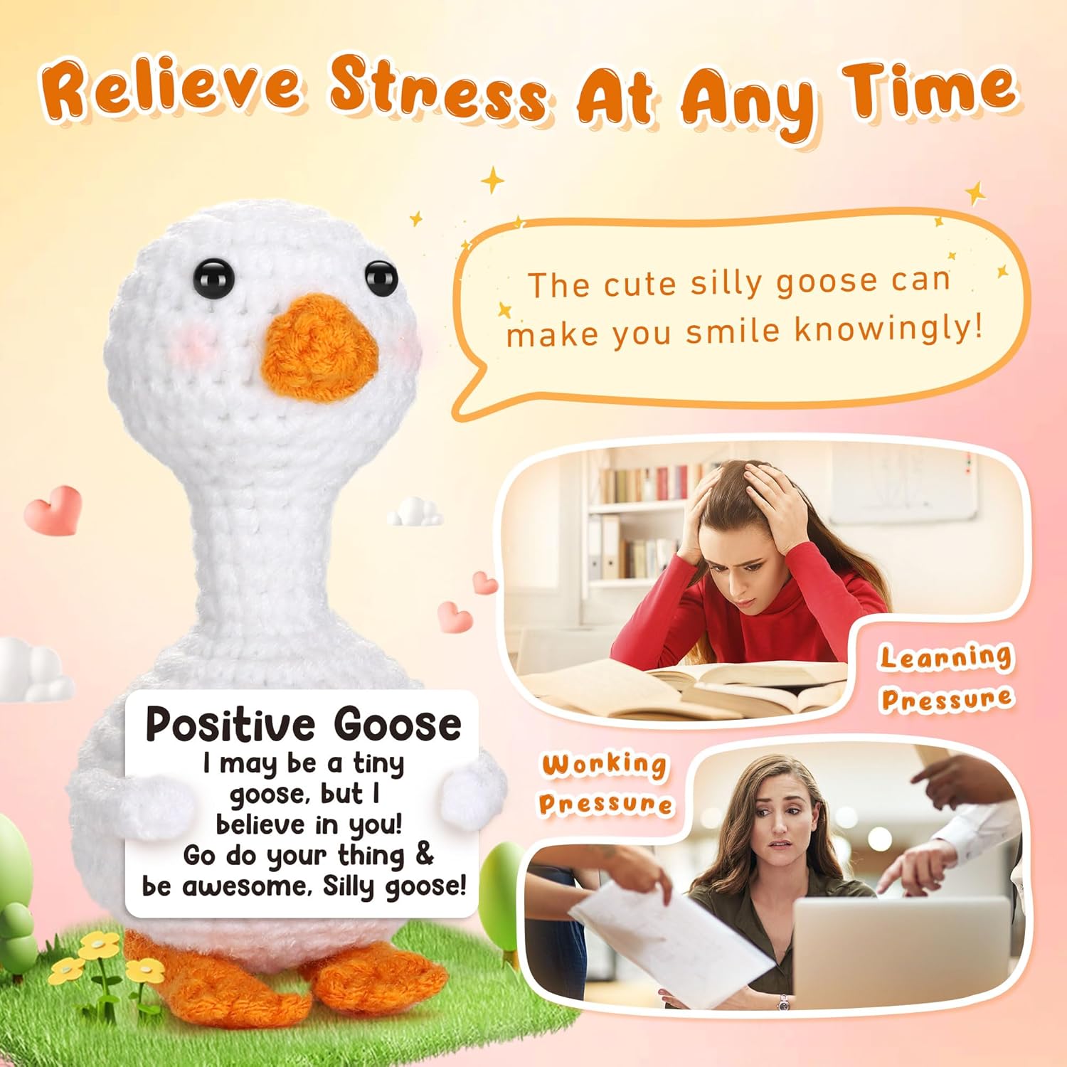 Mini Goose Easter Basket Stuffers for Teens Girls Women Crochet Positive Goose Emotional Cheer Support Easter Gifts for Kids Birthday Graduation Gift for Her College Nurse Friend Bestie Coworker