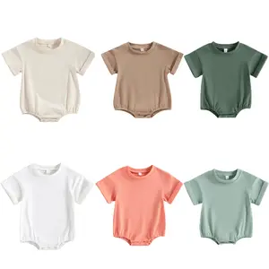Newborn Baby Girl Boy Solid Color Bubble Romper Oversized Short Sleeve T Shirt Organic Cotton Onesie Bodysuit Tops Casual Summer Outfits
