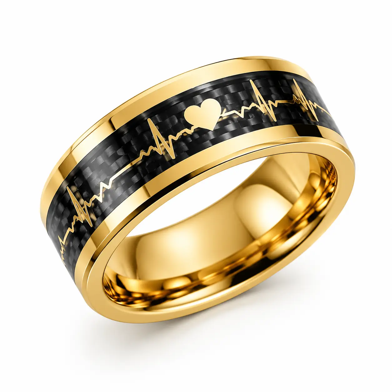 Stainless Steel Heartbeat Pulse Ring ECG Wave Band 8mm Width Christmas Thanksgiving Sale Gift for Men Women Couple Black Gold Anniversary Holiday Jewelry,Sterling,Adjustable,chrome heart,marquise,spinner,starfish