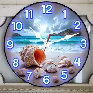 1 Neon Beach Wall Clock, Home goods - Silent, Shell Decoration - Artificial Wood, Battery Operated (AA Batteries Not Included) - Suitable for Living Room, Bathroom, Halloween - Modern Coastal Style Home Decoration, Shell Desig