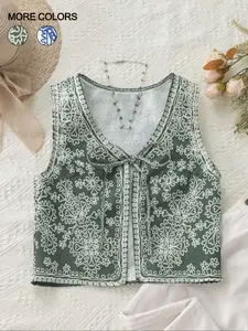 Women's Ethnic Pattern Tie Front V Neck Vest Jacket without Necklace, Boho Sleeveless Outerwear for Summer, Ladies Clothes for Beach Vacation Holiday, Womenswear