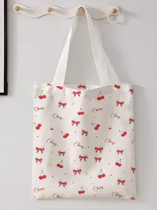 Casual Bow Pattern Printed Storage for Daily Use, Stylish Night Scene Design, Perfect for Shopping and Office Use, Valentine's Day Gift, Strawberry Tote Bag