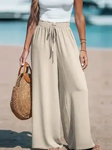A women's high-waisted drawstring design style casual beige elastic waist women's wide-leg pants, suitable for autumn and winter, suitable for seaside vacation style, daily casual style and other styles, Bohemian Boho Trousers