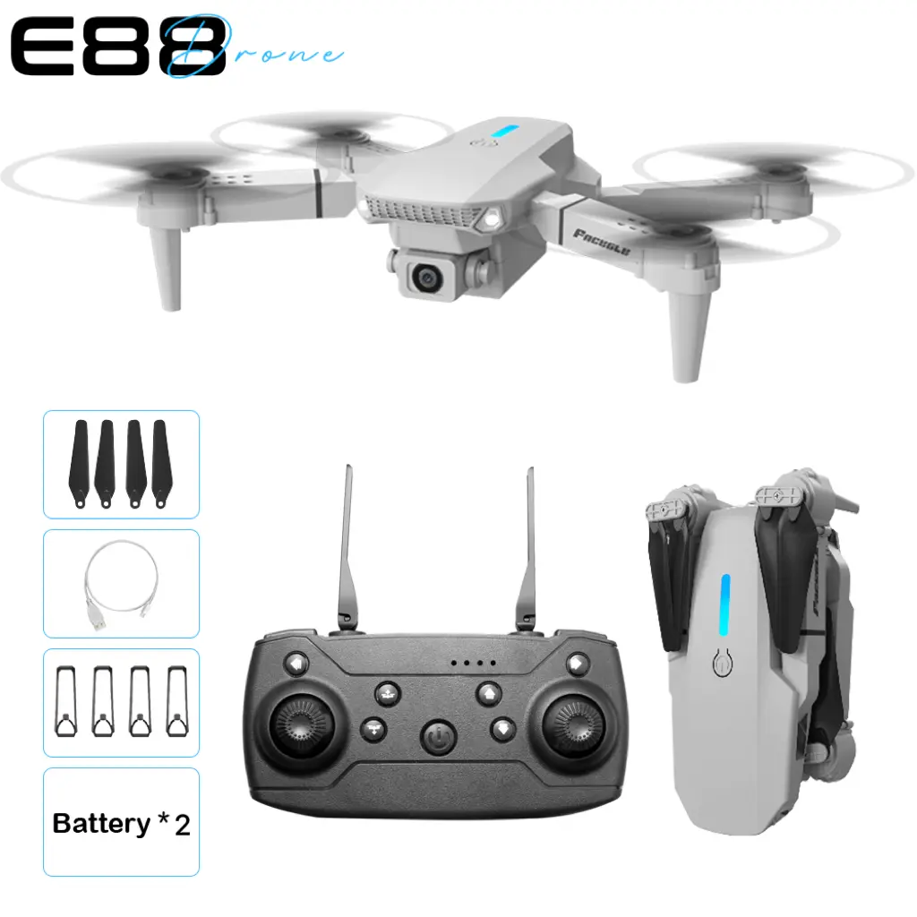 E88 Foldable RC Quadcopter Drone - Remote Control, Dual Camera System, 360° Flip, 1-Key Takeoff/Landing, Overhead/Landscape Shots, Beginner-Friendly, Charging Cable Included, Cool Gadgets for Teen Boys, Ideal Gift with Folding Button