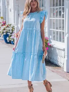 Gingham Ruffle Sleeve Maxi Dress for Women - Tiered Tie Back Summer Dress