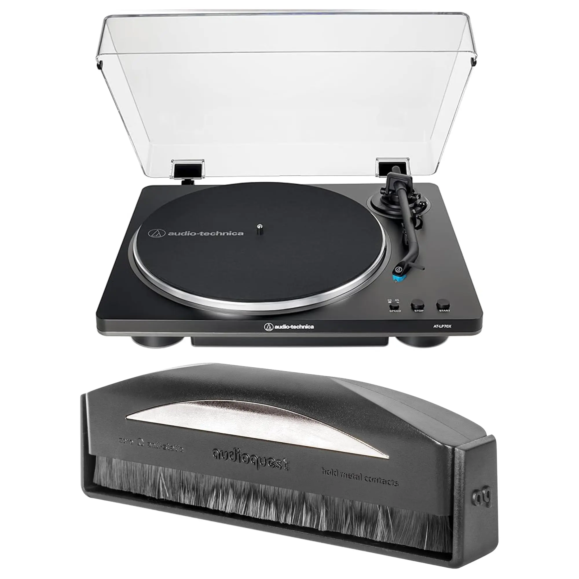 Audio Technica AT-LP70X-BG Automatic Belt Drive Turntable - Black/Gray Bundle with AudioQuest AQSLVRRECBRUSH Silver Anti-Static Record Brush, New 2024 Model, Vinyl, Music, Collectibles, Physical Media