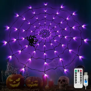 70-LED Halloween Spider Web Lights with Spider - 4.27ft Waterproof Indoor/Outdoor String Lights, 8 Lighting Modes, Remote Control, USB-Powered with Motion Sensor Option, Purple & Black Spider Web Design with Glowing Spider for Home, Garden, Party Decorati